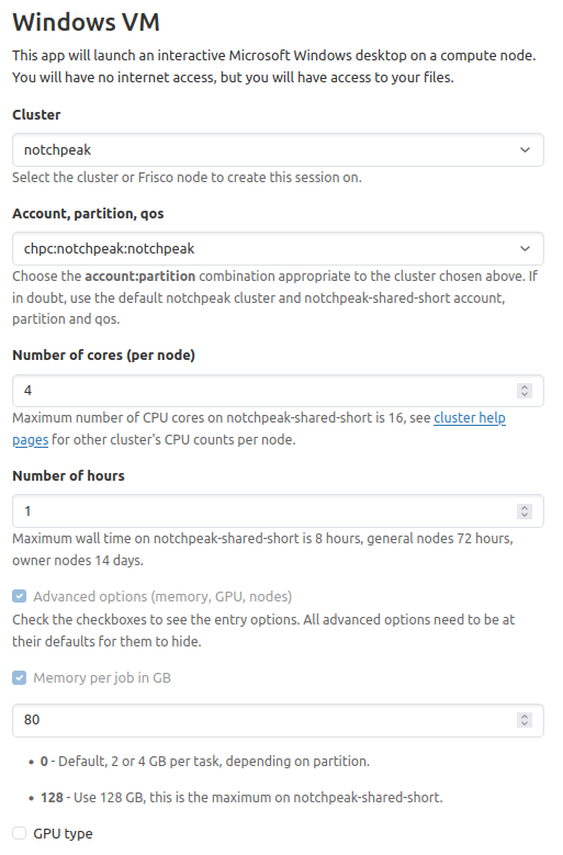 Windows VM app with suggested options of 4 cores and 80GB memory.